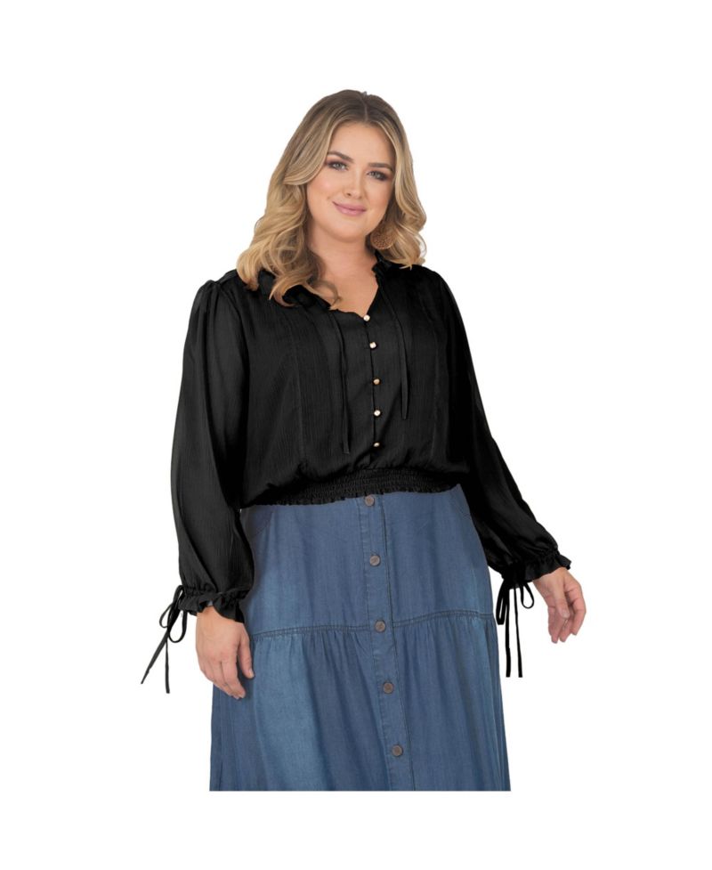 Plus Size Long Bishop Tie Sleeve Chiffon Blouse