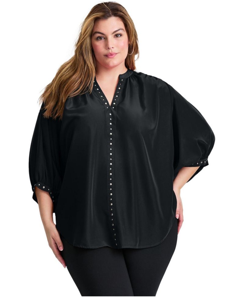 Women's Plus Size Studded Blouson Sleeve Blouse Tops