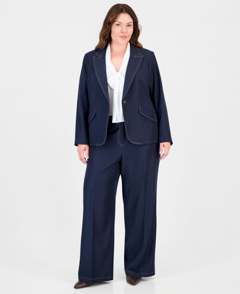 Plus Size Denim One-Button Blazer