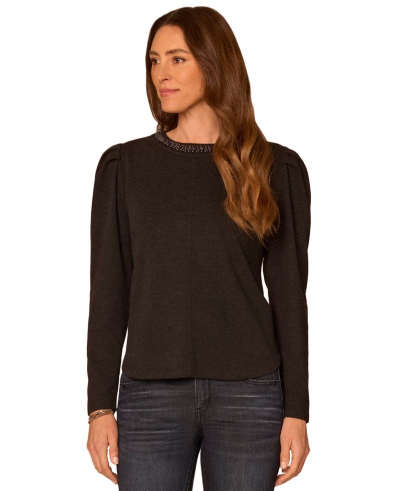 Petite Long-Sleeve Rhinestone Scoop-Neck Blouse