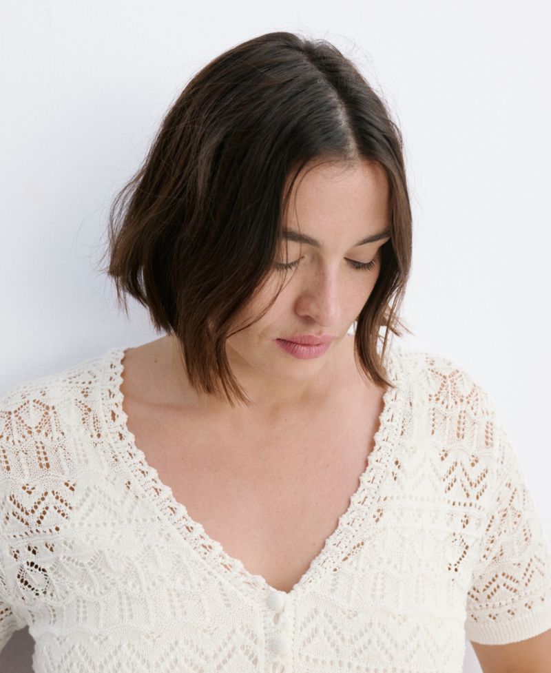 Women's Short-Sleeve Open-Knit Cardigan Sweater