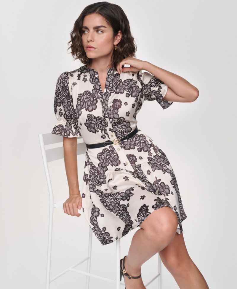 Petite Floral-Print A-Line Belted Shirt Dress