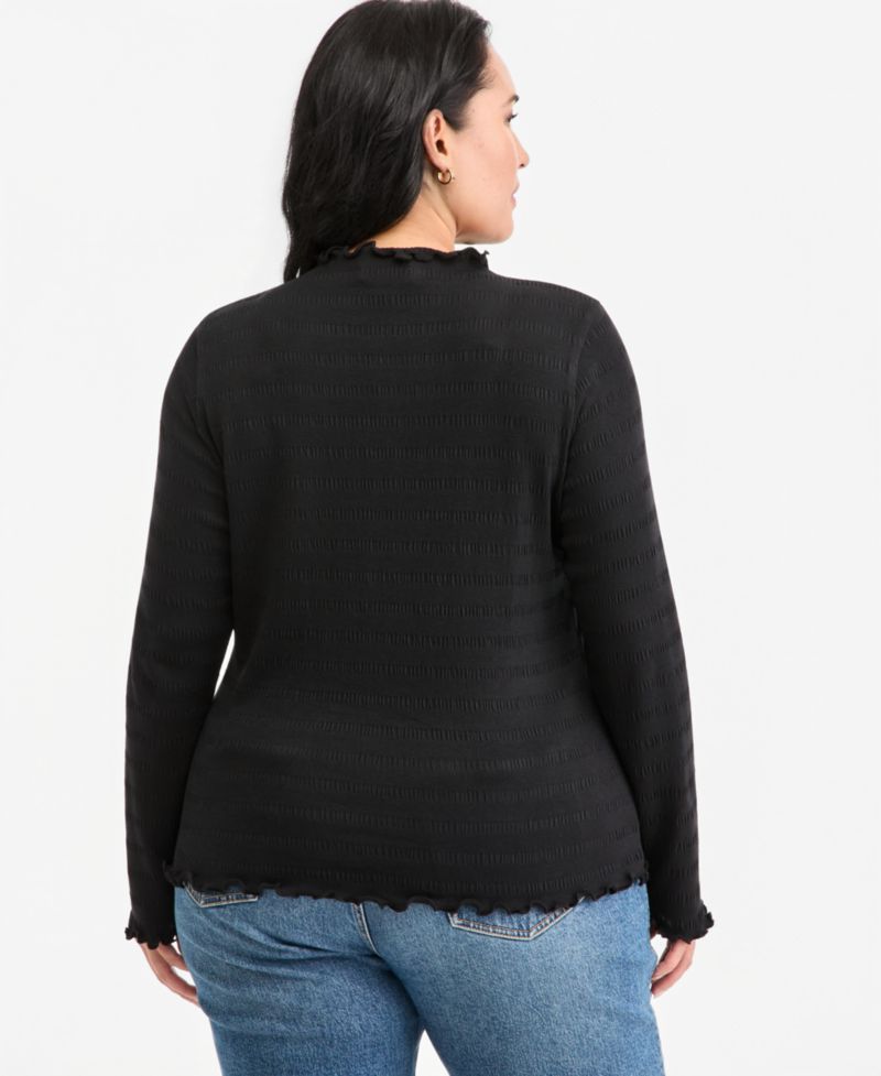 Plus Size Long-Sleeve Funnel Neck Puckered-Rib Top