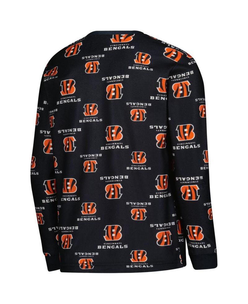 Big Boys and Girls 2-Piece Black Cincinnati Bengals All-Over-Print Long Sleeve T-Shirt and Pants Sleep Set