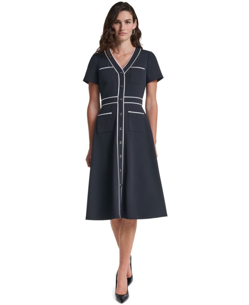 Women's Scuba A-Line V-Neck Midi Dress