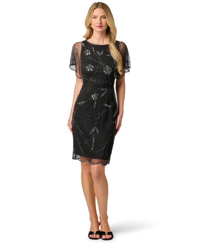 Women's Sheer-Flutter-Sleeve Floral-Print Beaded Dress