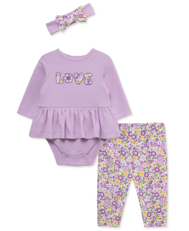Baby Girls' Love Long-Sleeve Bodysuit, Pants and Headband, 3-Piece Set