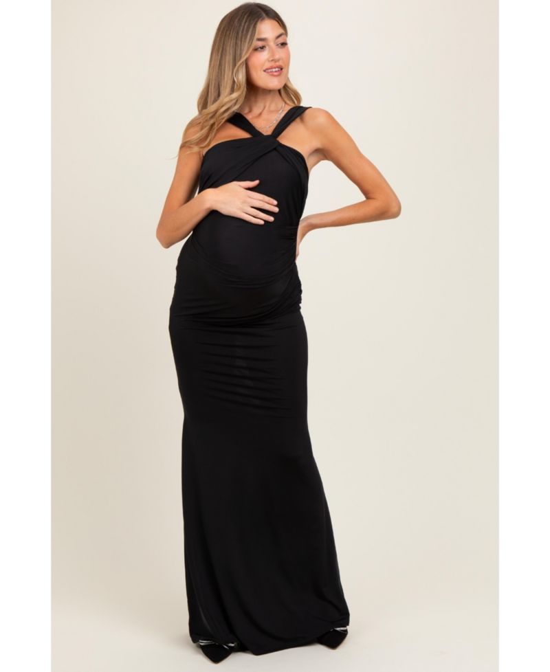Women's Black Twist Front Ruched Maxi Dress