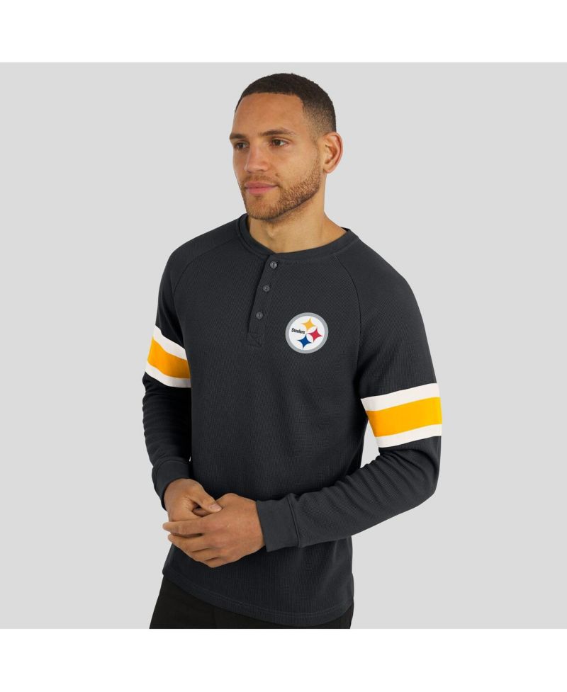 Men's Black Pittsburgh Steelers Waffle-Knit Raglan Long Sleeve Henley T-Shirt