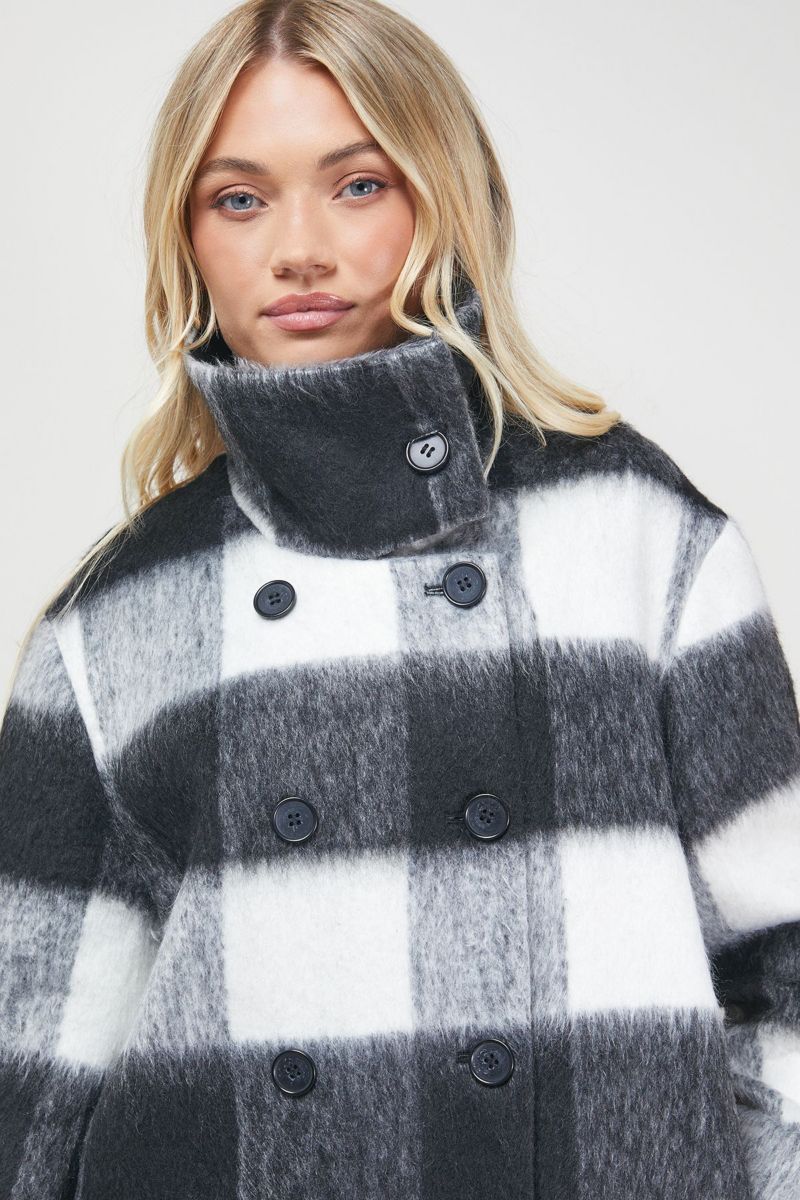 Women's Brushed Check Funnel Neck Coat