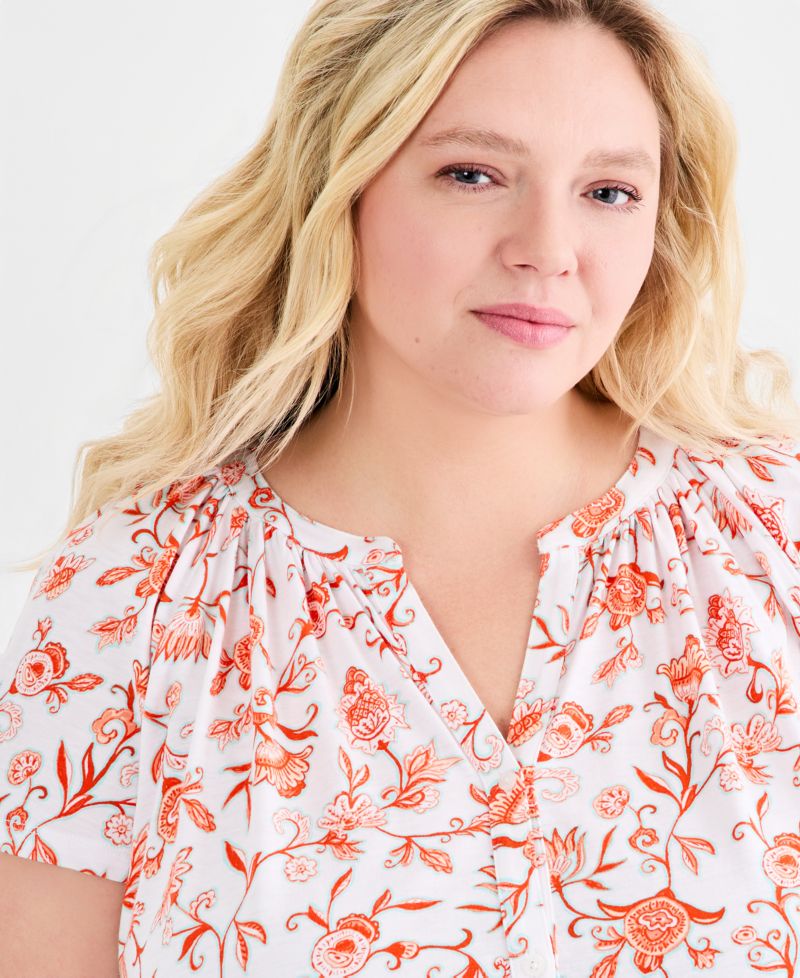 Plus Size Printed Button-Front Flutter-Sleeve Top