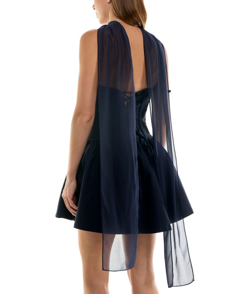 Juniors' Scarf with Drop Waist and Pleated Top Mini Dress