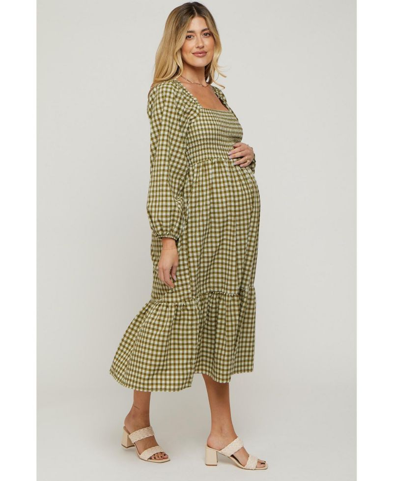 Women's Olive Gingham Long Sleeve Midi Dress