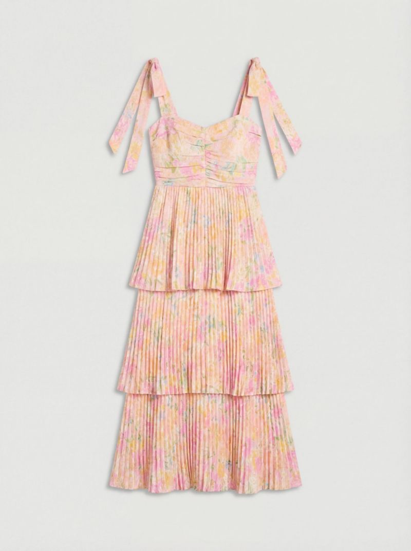 Women's Pleated Tie Shoulder Midi Dress