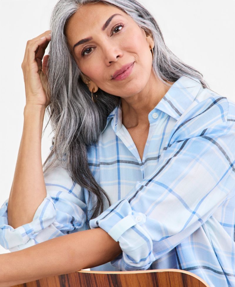 Plus Plaid Oversized Roll-Tab Button-Front Shirt