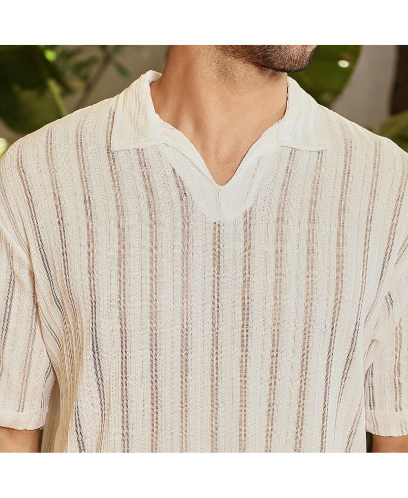 Men's Off-White Duo-Striped Relaxed Polo T-Shirt