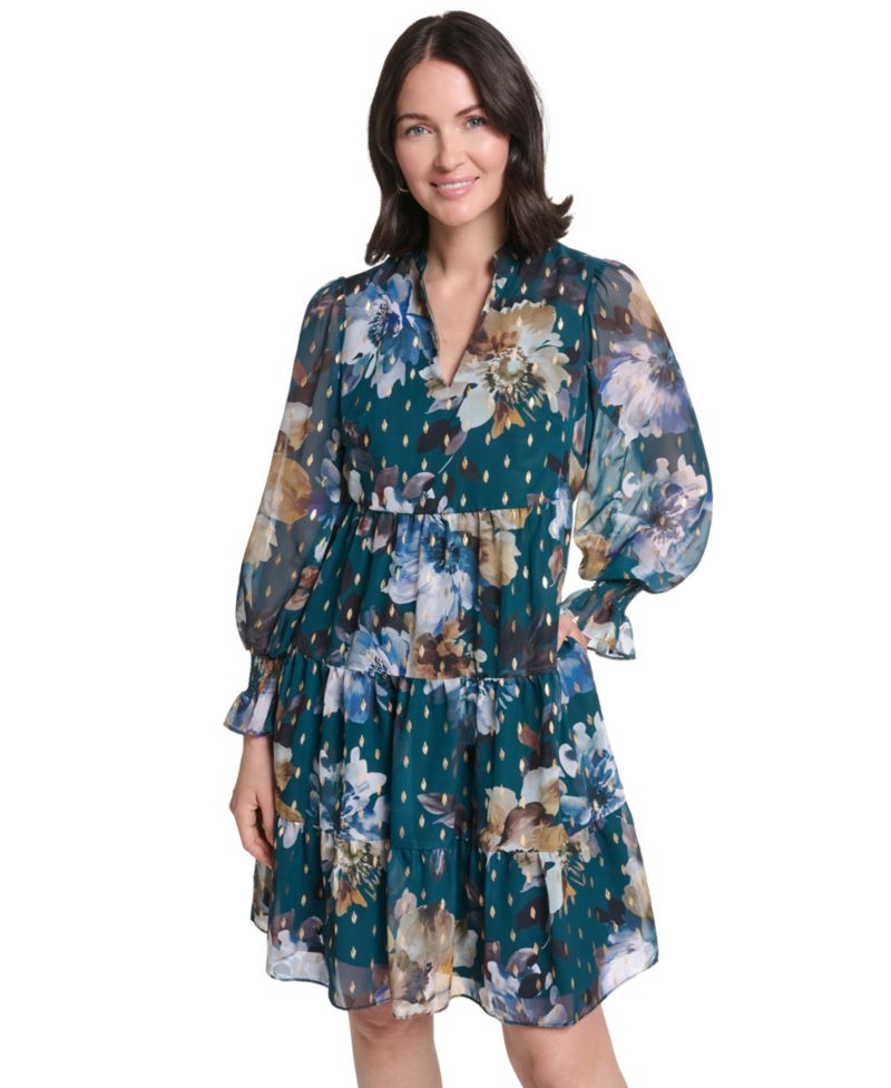 Women's Long-Sleeve Puff-Sleeve Tiered Baby Doll Dress