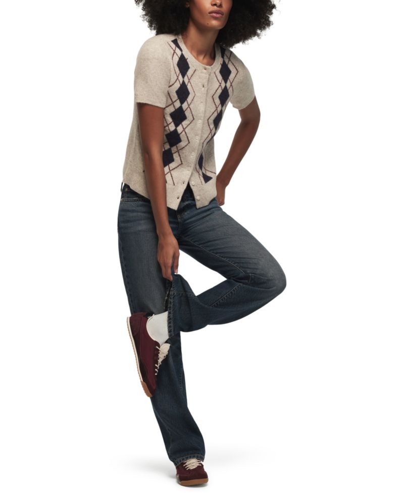 Women's Argyle Crew-Neck Short-Sleeve Cardigan