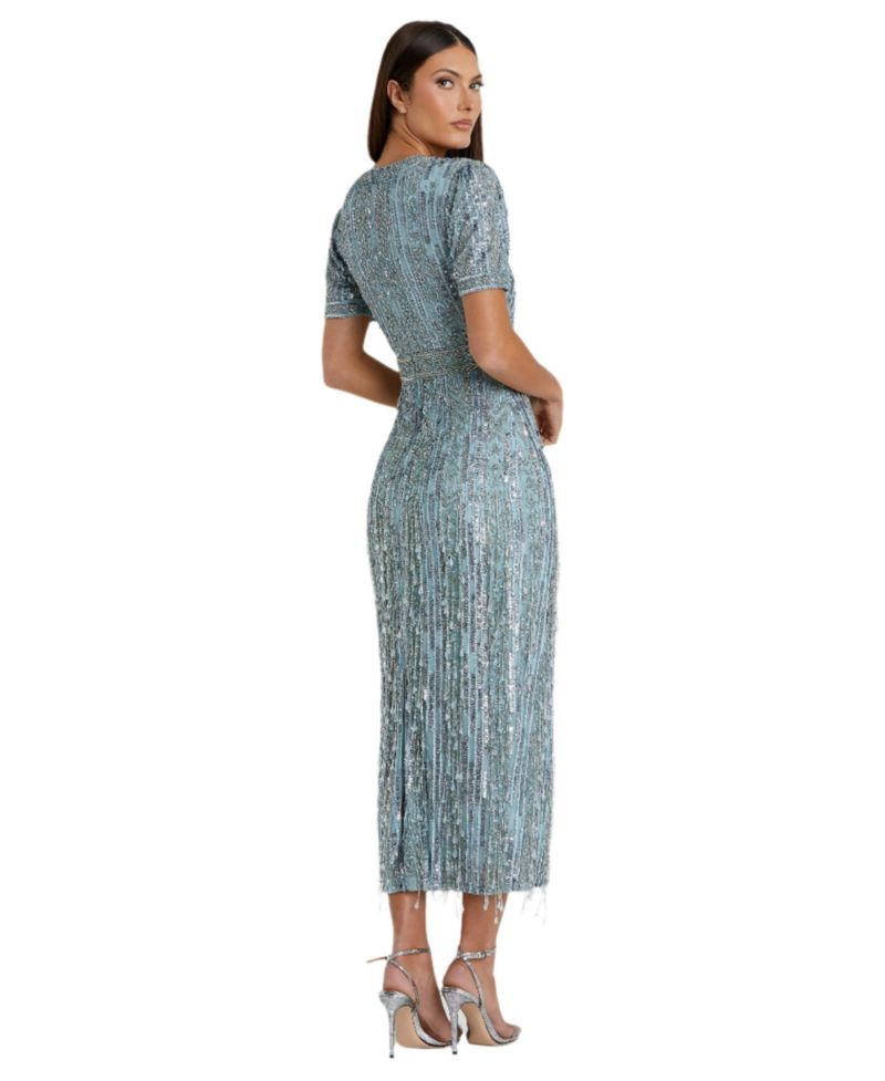 Women's High Neck Short Sleeve Crystal Fringe Column Dress