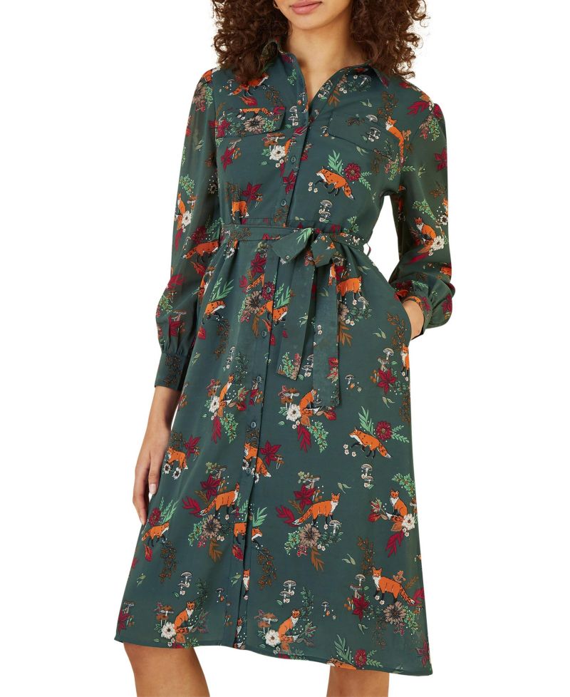 Women's Fox Print Shirt Midi Dress