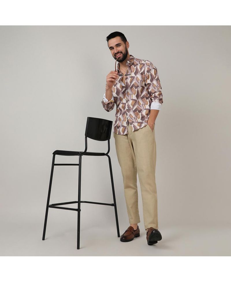 Men's Pale Yellow & Mocha Brown Abstract Block Shirt