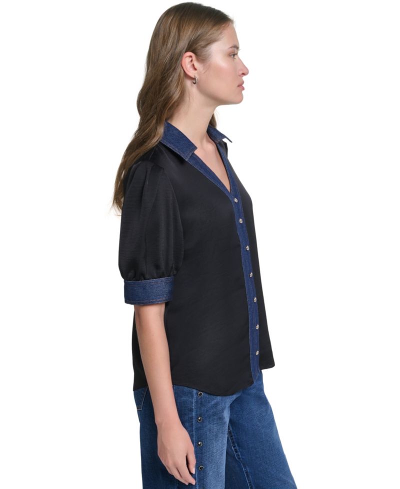 Petite Denim Collar Button-Front Blouse