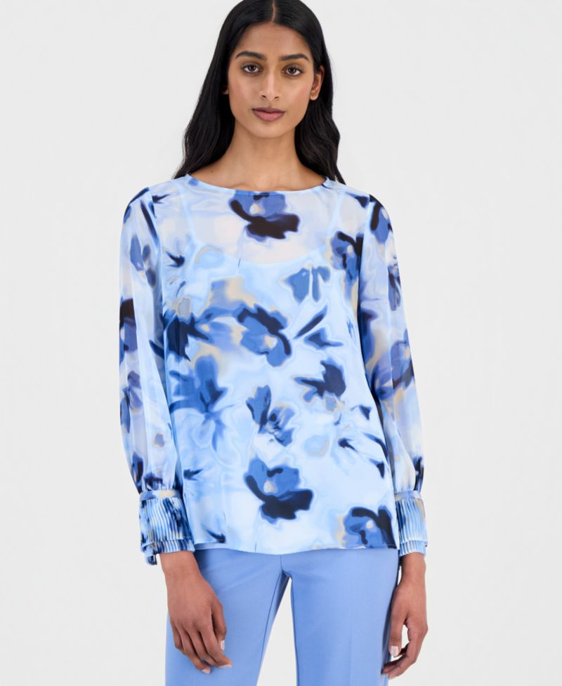 Women's Printed Pleated-Cuff Blouse