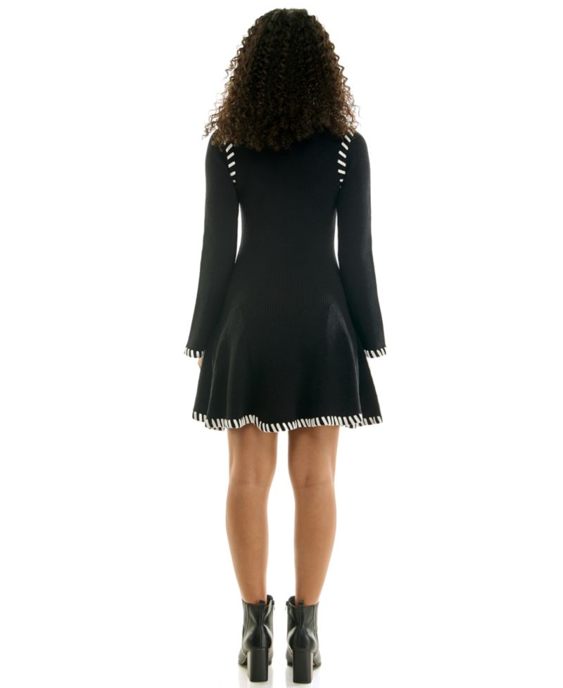 Juniors' Fit & Flare Mock Neck Sweater Dress with Flare Sleeves