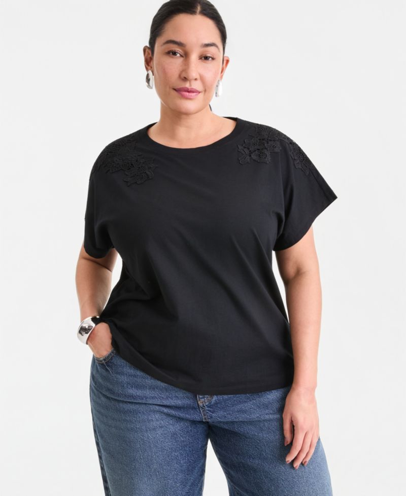 Plus Size Short-Sleeve Lace-Shoulder Tee