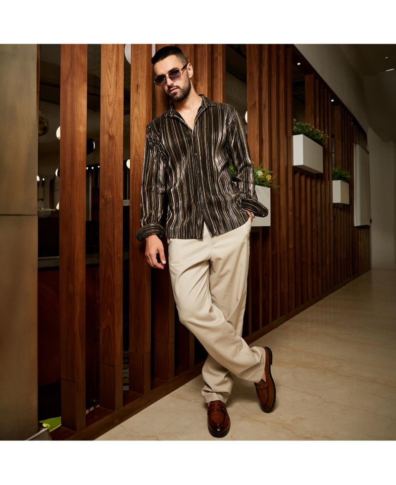 Men's Jet Black & Metallic Gold Pleat-Creased Shirt