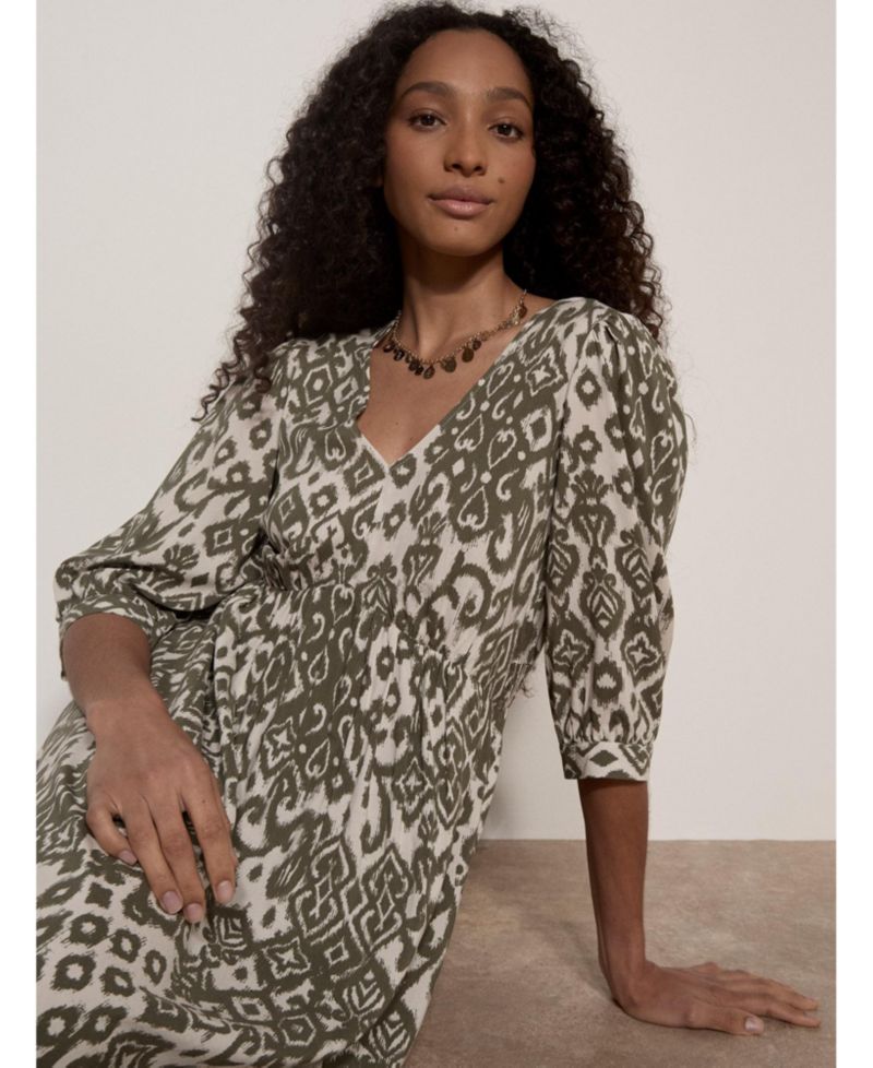 Women's Tapestry Ikat Midi V-Neck 3/4 Sleeve Dress