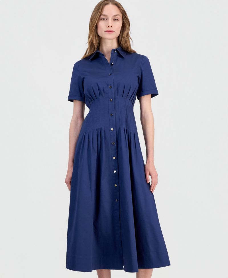 Women's Pleated-Waist Midi Shirt Dress