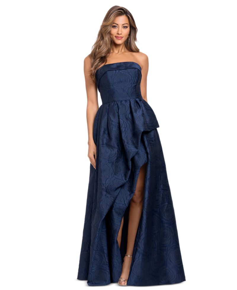 Women's Brocade Strapless Ruffle Gown