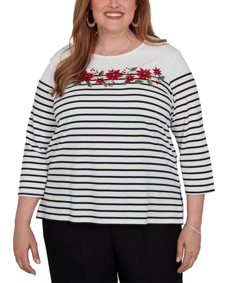 Plus Size Stripe 3/4-Sleeve Crewneck Knit Top