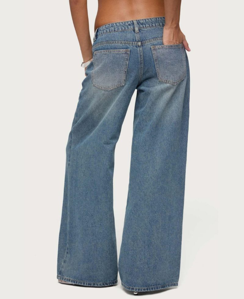 Women's Low-Rise Wide-Leg Rhinestone Jeans, 32" Inseam