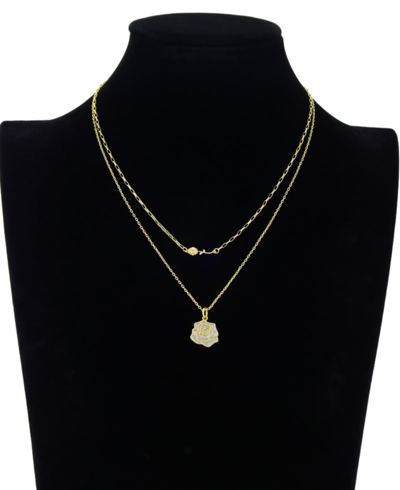 Mother of Pearl Inlay Flower Rose Paperclip Chain Layered Necklace