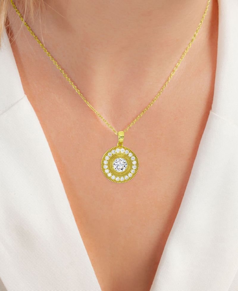 Cubic Zirconia Halo Halo Bead Disc Pendant Necklace in 14k Gold-Plated Sterling Silver, 18" + 2" extender