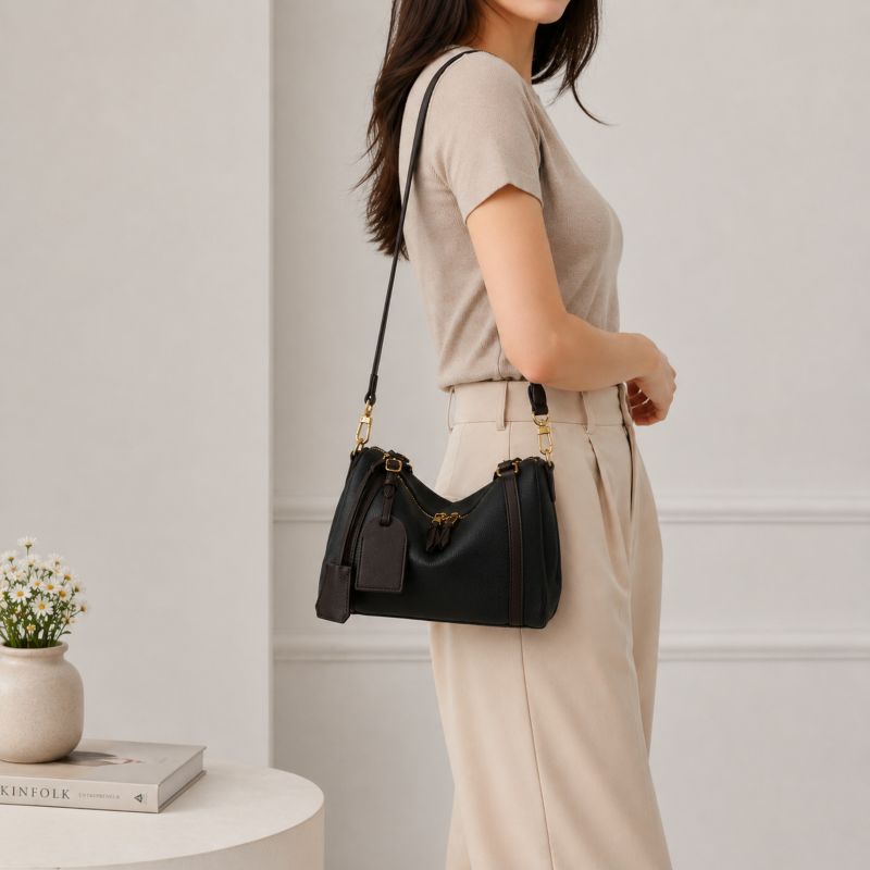 Women's Elara Pebbled Leather Satchel Boston Dome Bag Top Handle Shoulder Crossbody Handbag