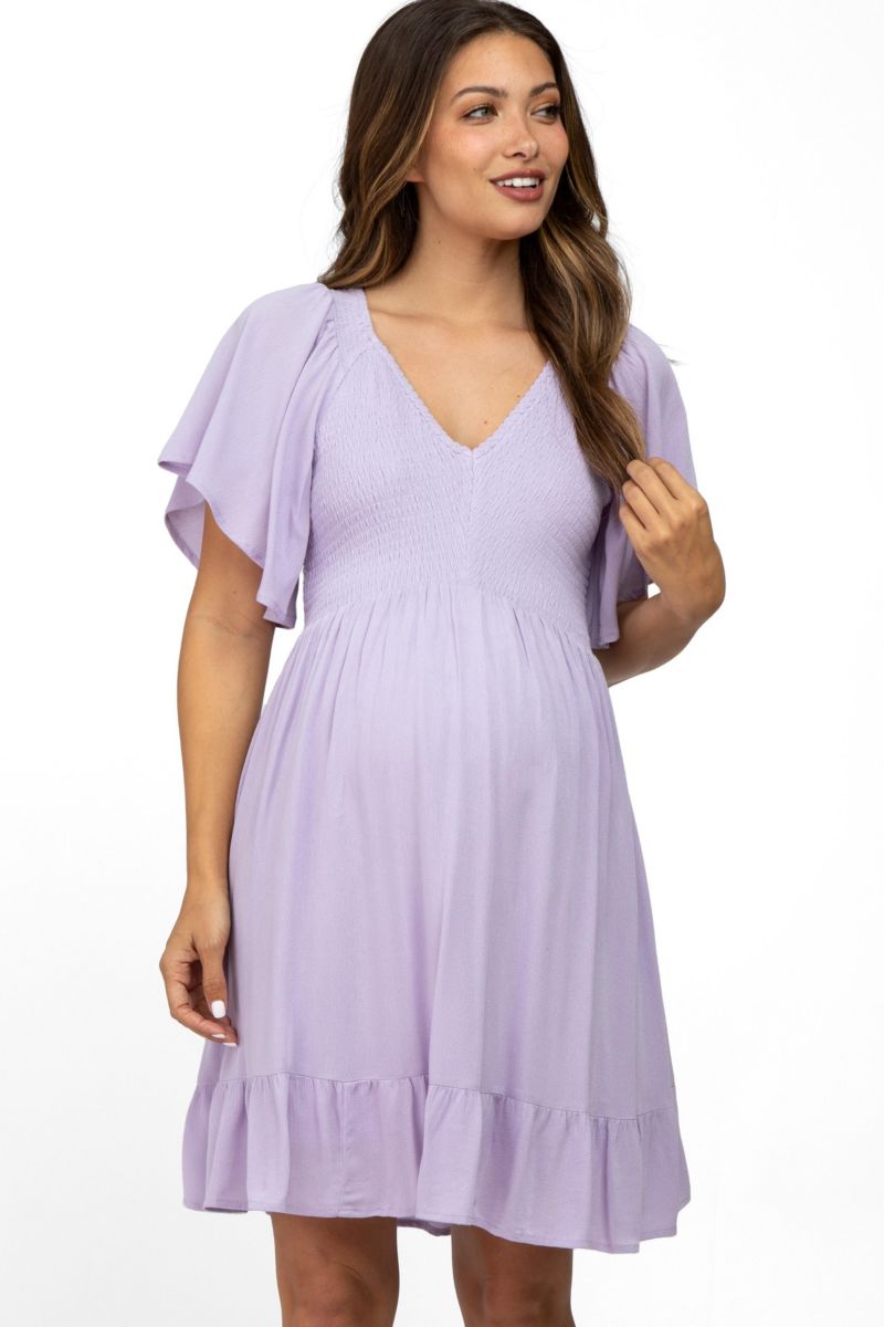 Women's Lavender Smocked Front Ruffle Hem Dress