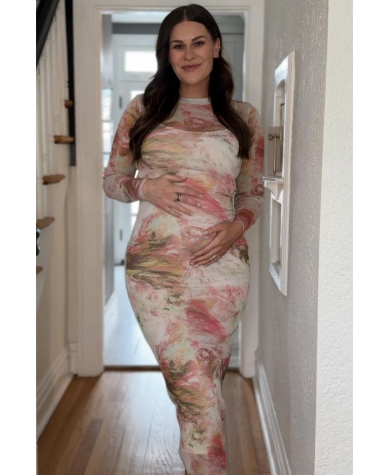 Women's Pink Abstract Printed Mesh Overlay Maxi Dress