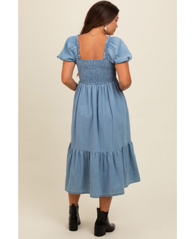 Women's Light Blue Vintage Wash Chambray Smocked Midi Dress