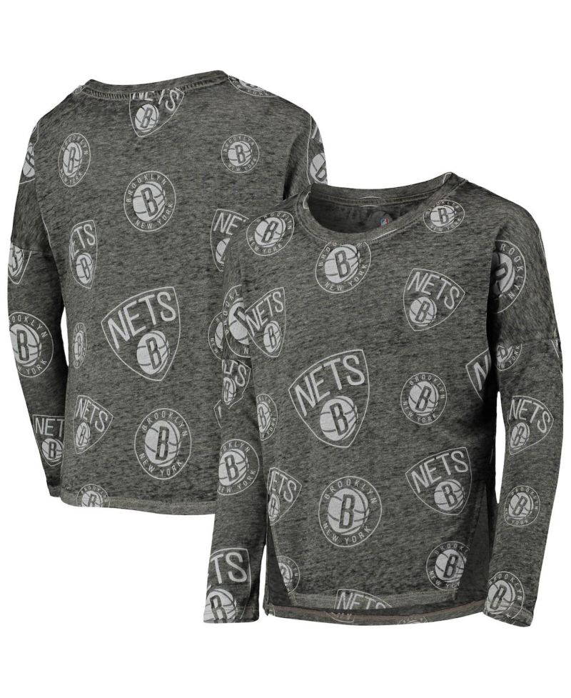 Big Girls Heathered Black Brooklyn Nets Back in Action Long Sleeve T-shirt