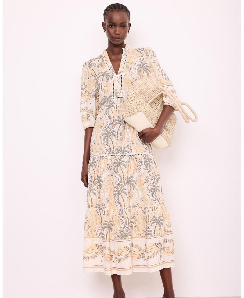 Women's Palm-Print V-Neck 3/4-Sleeve Maxi Dress