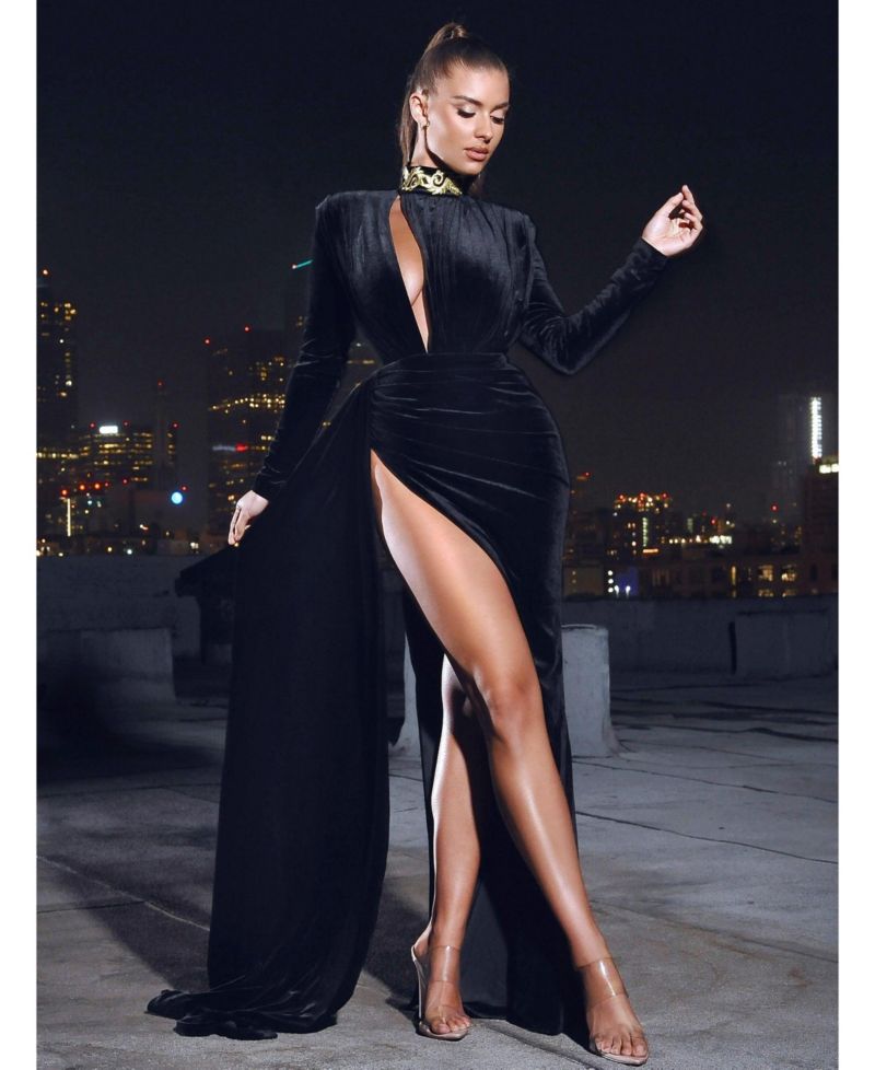 Women Zenaida Black Cutout High Slit Velvet Gown
