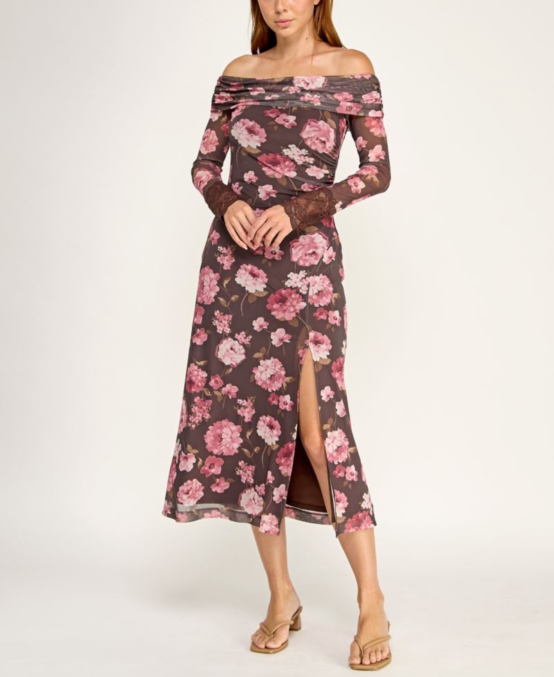 Juniors' Off-The-Shoulder Long-Sleeve Floral Printed Mesh Midi Dress