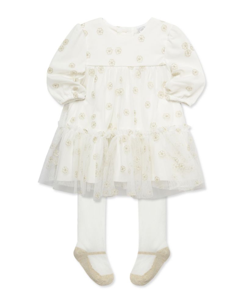 Baby Girls' Gold Floral Mesh Dress and Tights, 2-Piece Set