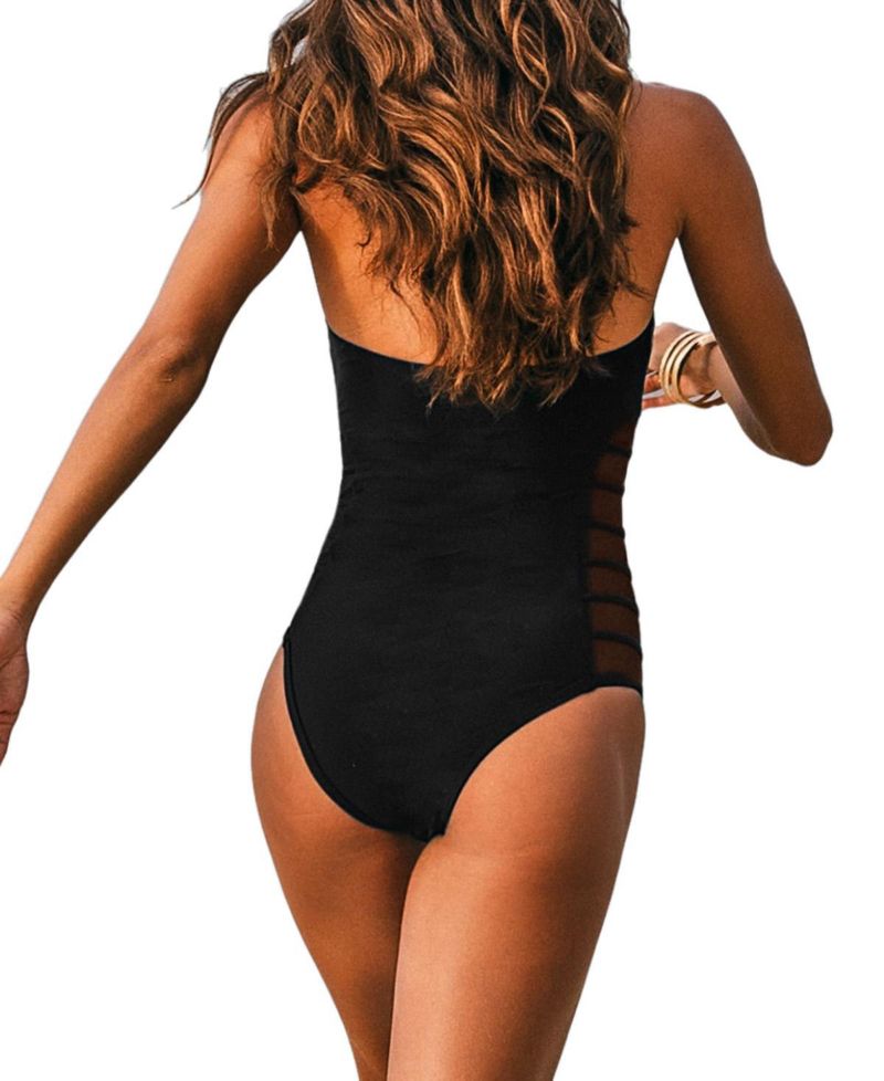 Women's Halter Plunging V-Neck Side Mesh One-Piece Swimsuit