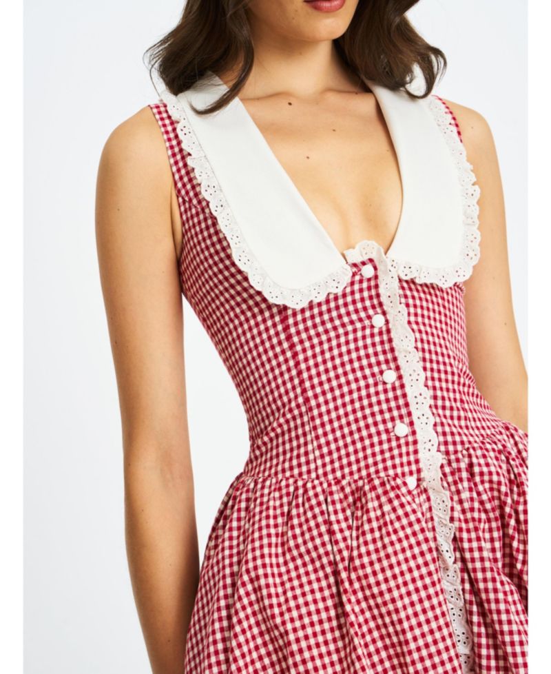 Women's Nala Red Gingham Eyelet Lace Trim Peterpan Collar Mini Dress