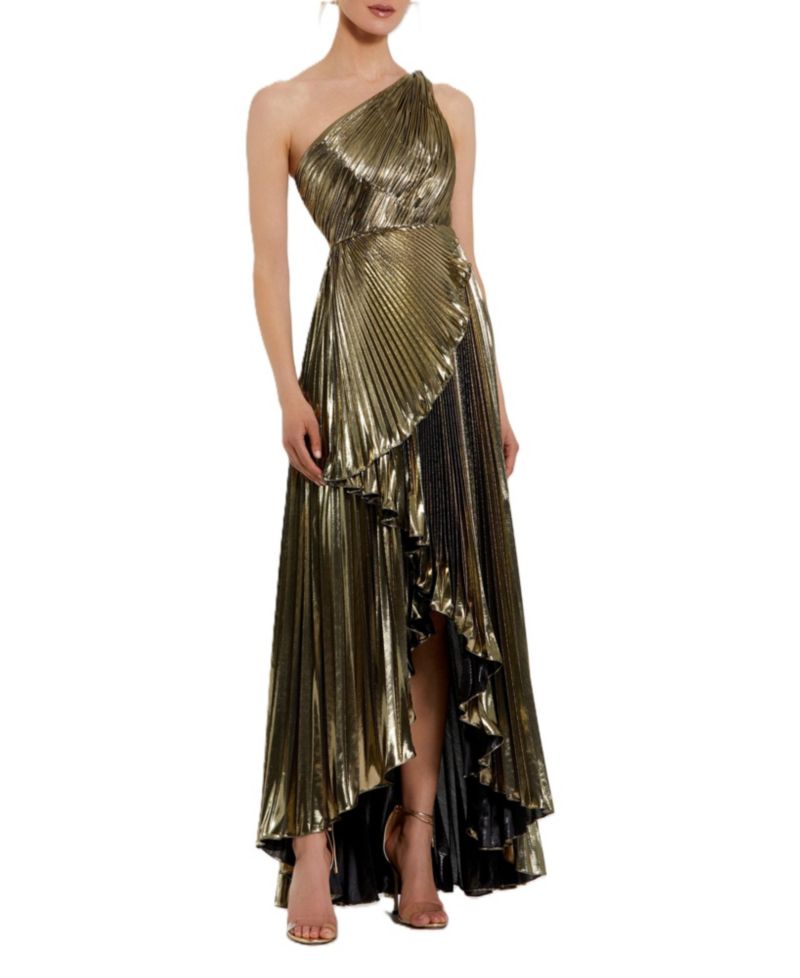 Women's Pleated Metallic One Shoulder High Low Gown