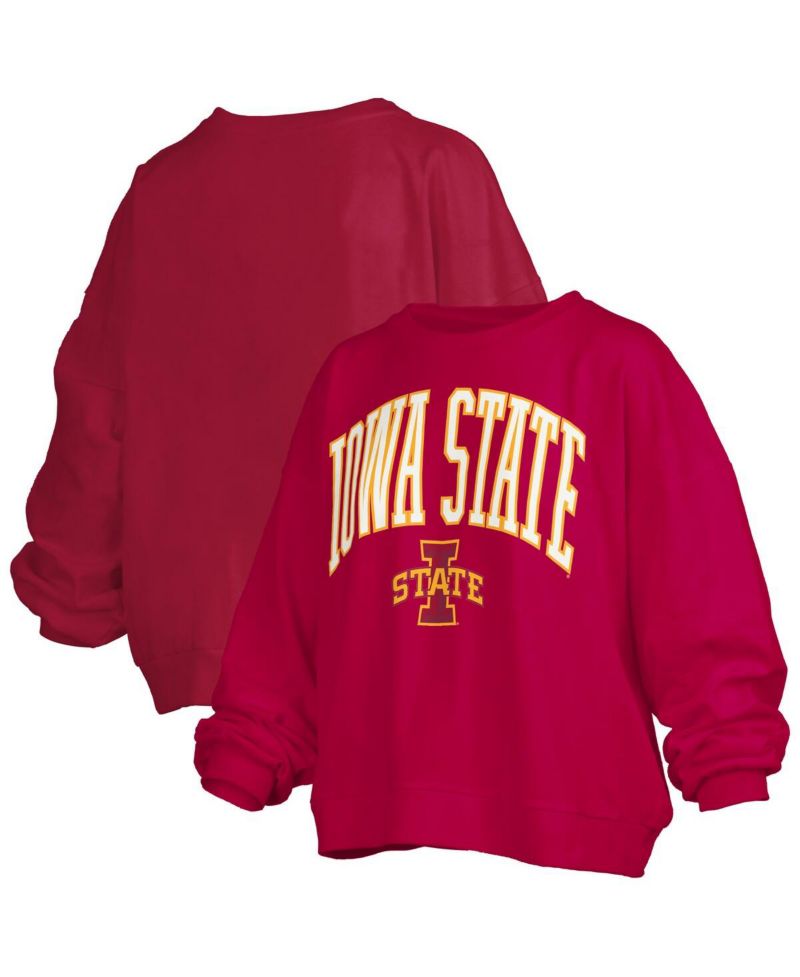 Women's Cardinal Iowa State Cyclones Janise Arch Over Logo Waist Length Oversized Pullover Sweatshirt